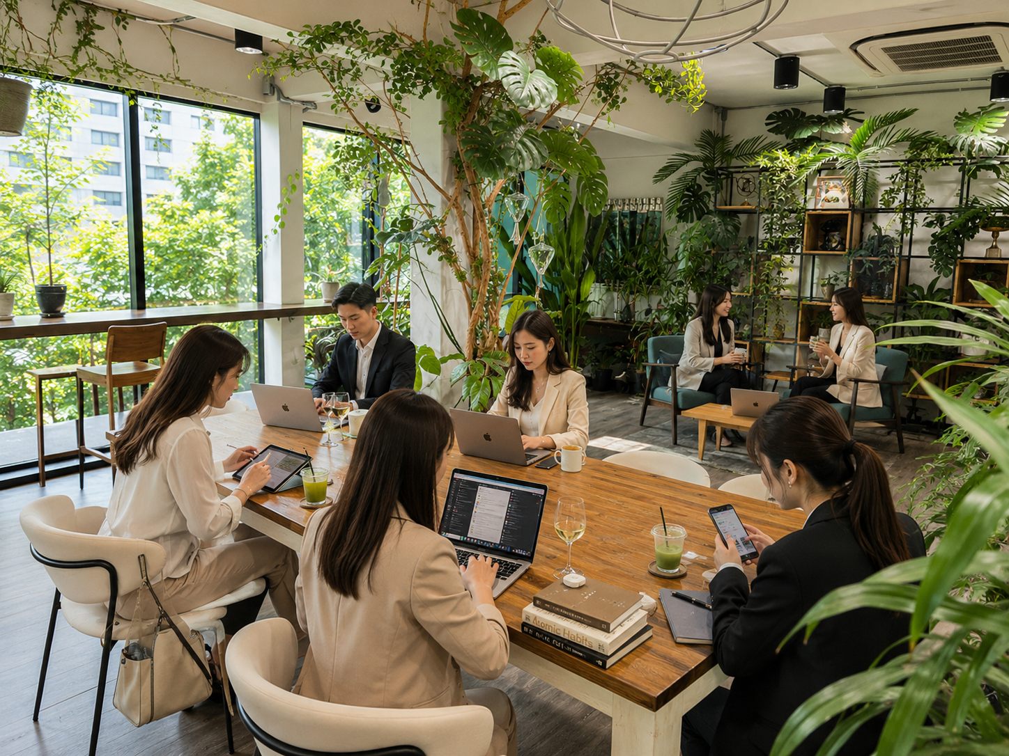 Daytime co-working session with professionals at a large wooden table at Thonglor Club at Prismz