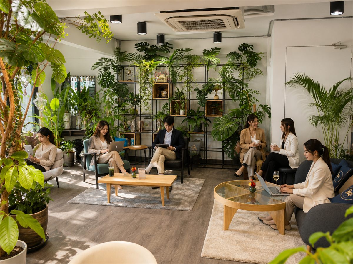 Guests relaxing on lounge chairs among plant shelves at Prismz