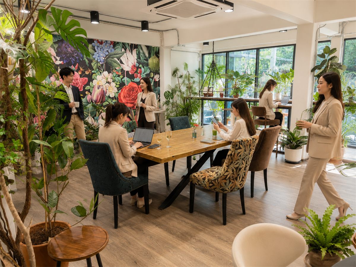 Meeting at a wooden table beside the floral wall at Prismz