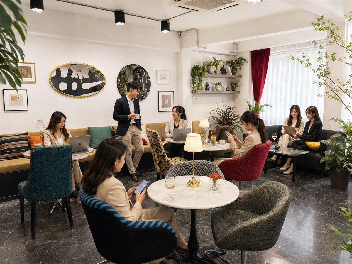 Elegant lounge with marble tables and guests at Prismz